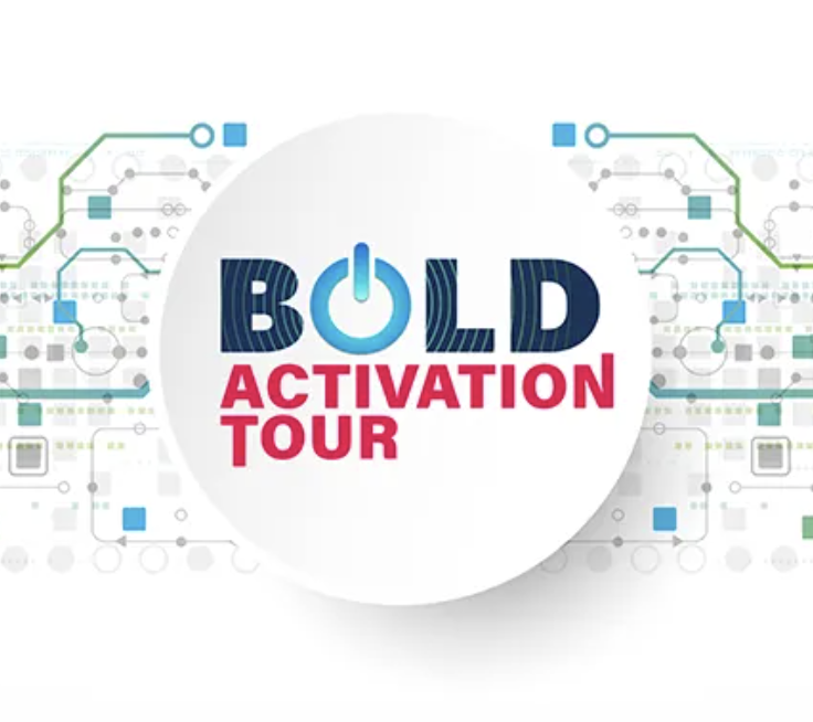 BOLD Activation Tour key visual — the BOLD wordmark with a power-button O on a tech circuit field