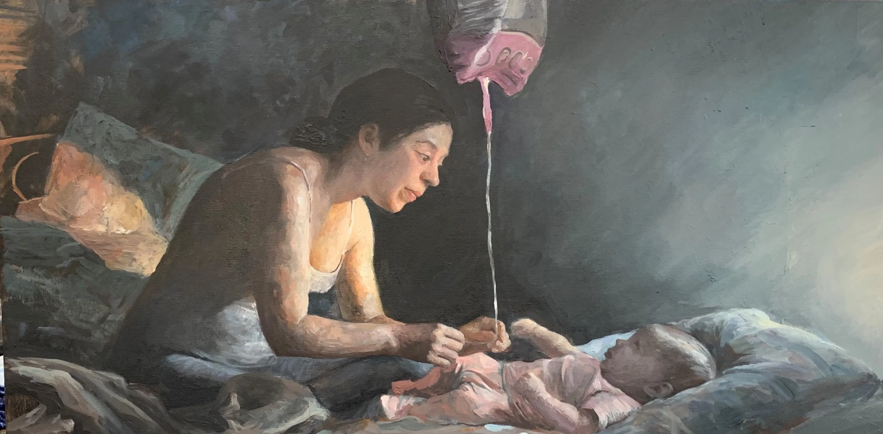 Oil painting of Ellie playing with Luna