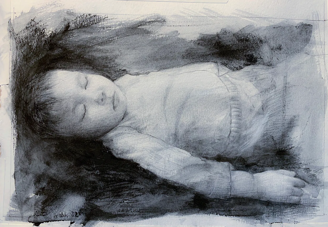 Drawing of Luna sleeping in graphite on paper