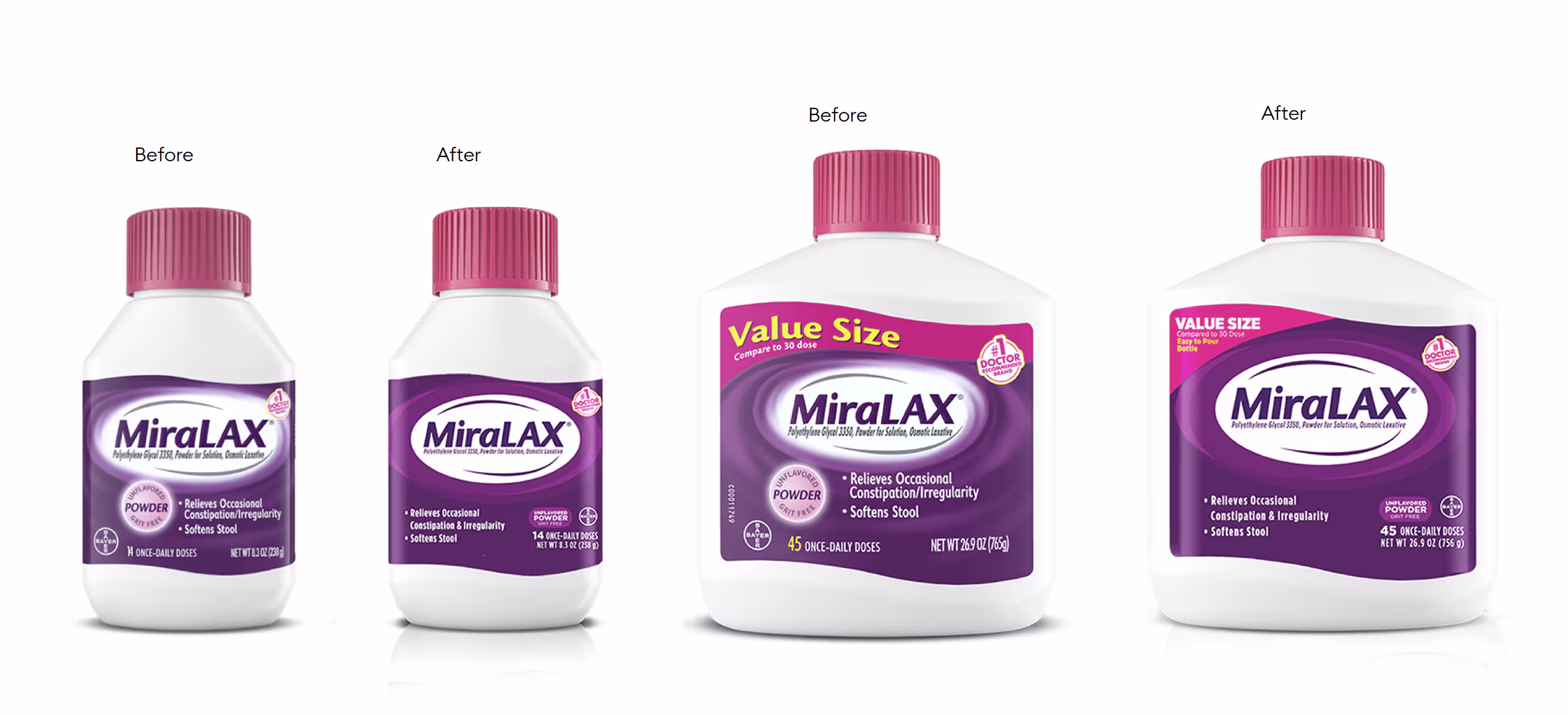MiraLAX logo before and after redesign — simplified letterforms engineered to read at shelf