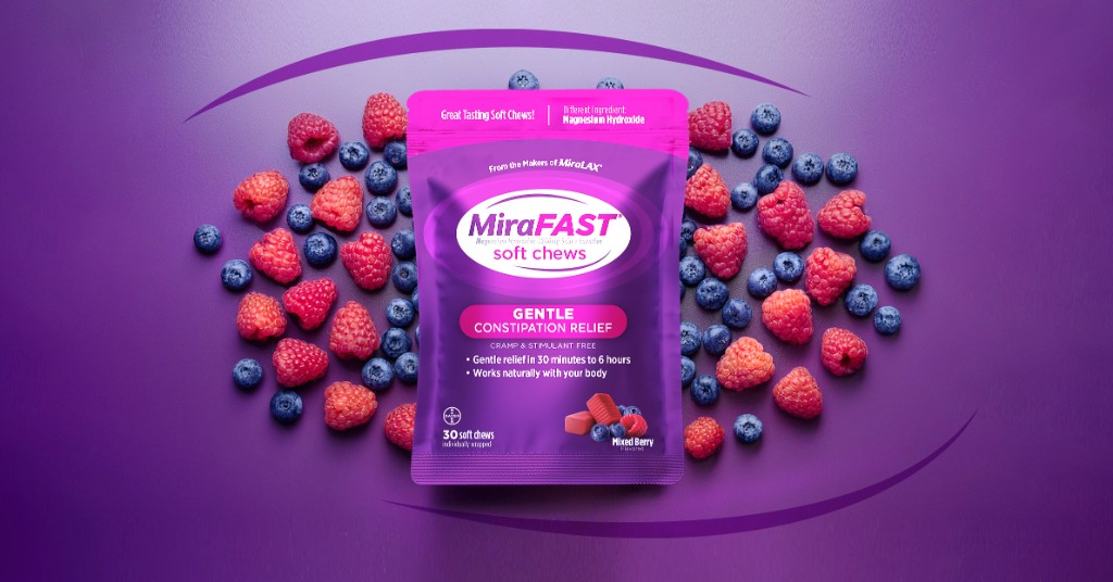 MiraFAST soft chews pack with mixed berries on a purple brand field