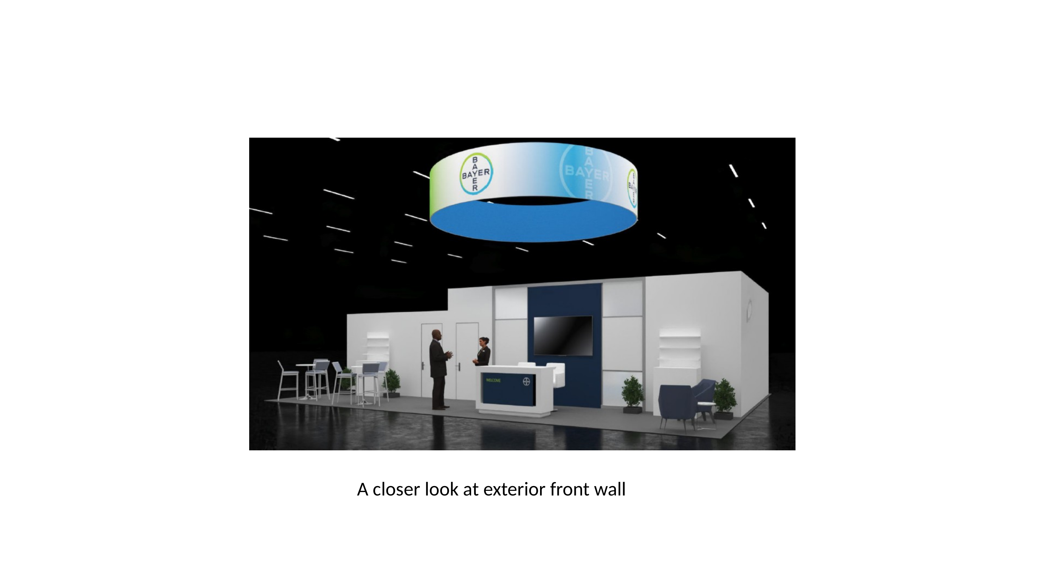 Color-coded zoning diagram showing brand assignments across four sides of the booth