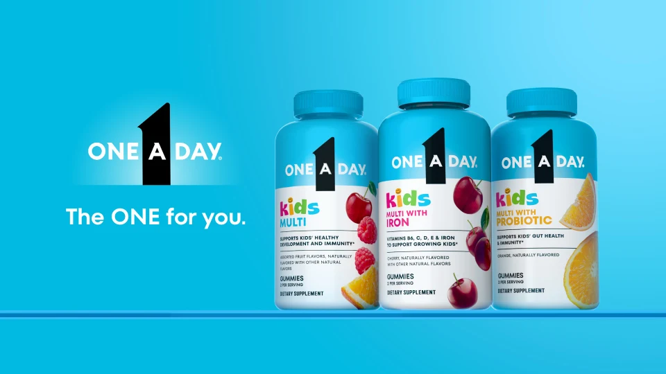 One A Day Kids Multi key visual — cyan brand field