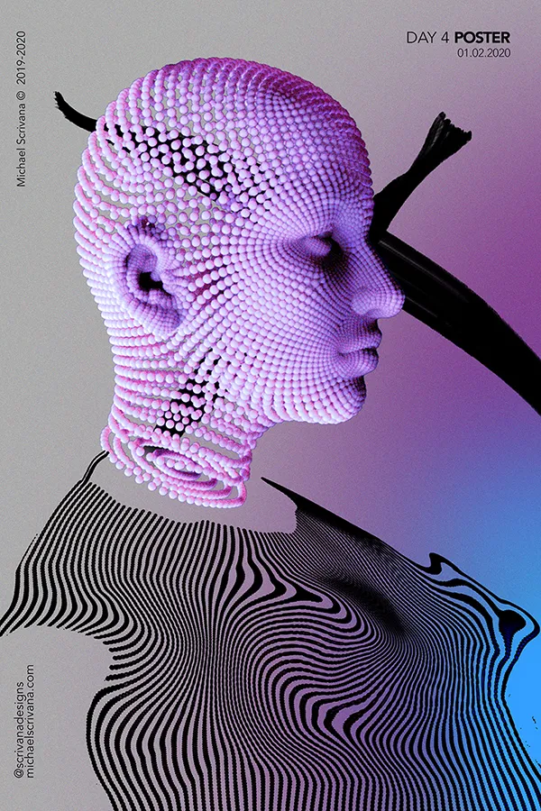 Day 4 poster — a 3D particle-rendered head over op-art linework